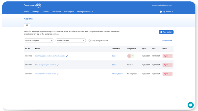 Governance360 actions screen grab