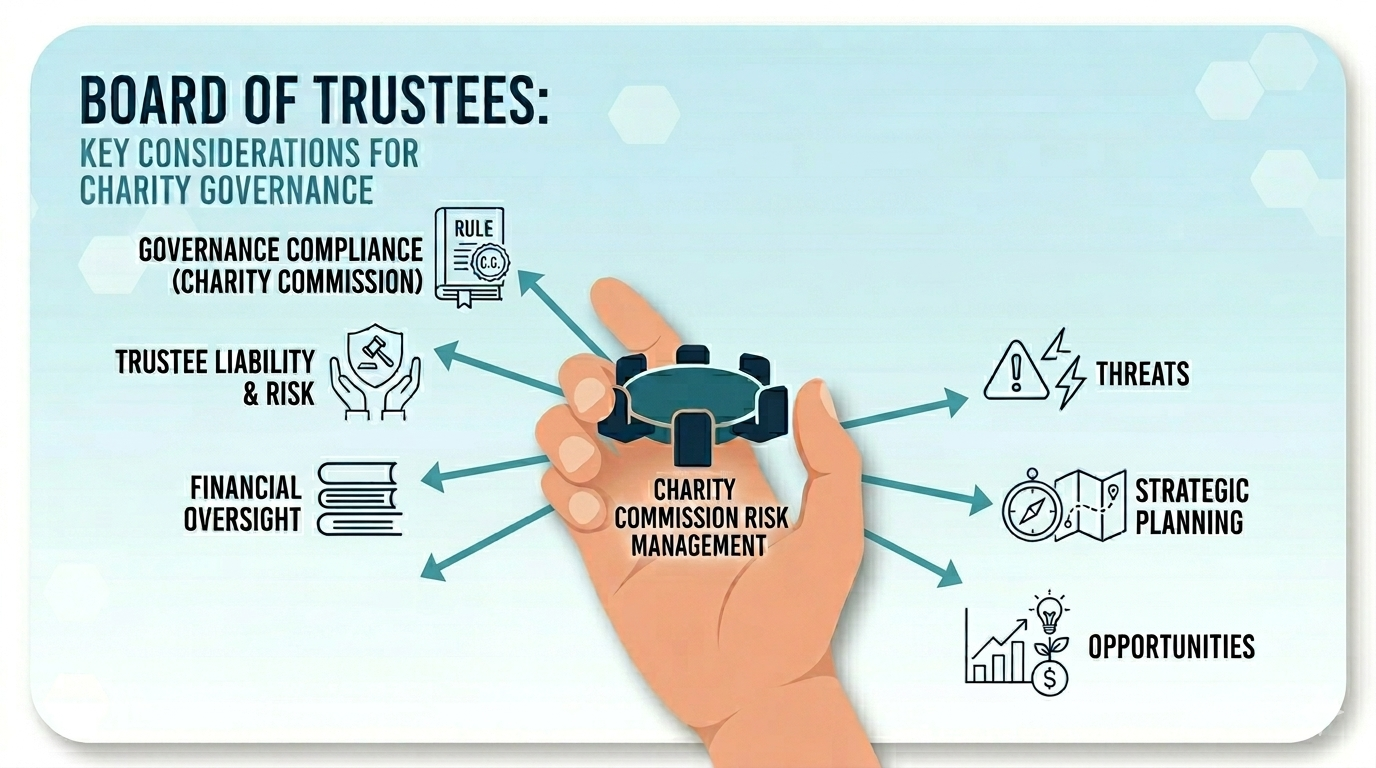 Attractive young female volunteer in blue uniform using tablet pc and smiling while standing indoors. Team sorting, packing items in the background Charity Commission Risk Management